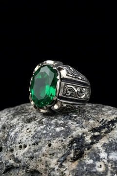 Erzurum Kalemkar Usta İşçiliği Zümrüt Zirkon Taşlı Erkek Yüzük