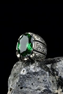 Erzurum Kalemkar Usta İşçiliği Zümrüt Zirkon Taşlı Erkek Yüzük