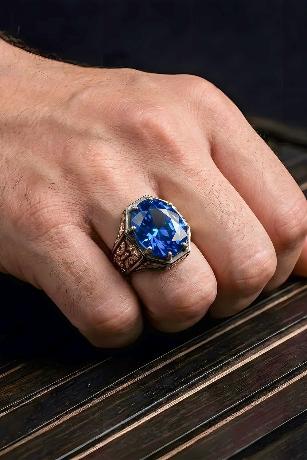 Siyah Rodaj ve Altın Kaplama Safir Zirkon Taşlı Gümüş Yüzük