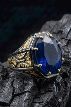 Siyah Rodaj ve Altın Kaplama Safir Zirkon Taşlı Gümüş Yüzük