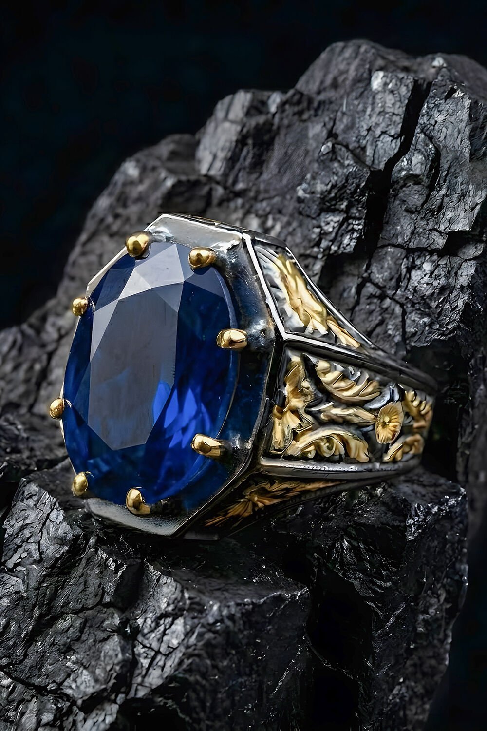 Siyah Rodaj ve Altın Kaplama Safir Zirkon Taşlı Gümüş Yüzük