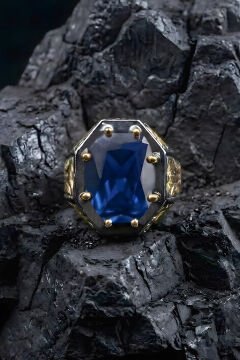 Siyah Rodaj ve Altın Kaplama Safir Zirkon Taşlı Gümüş Yüzük