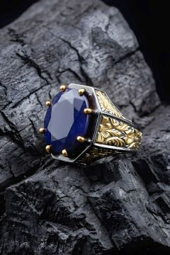 Siyah Rodaj ve Altın Kaplama Safir Zirkon Taşlı Gümüş Yüzük