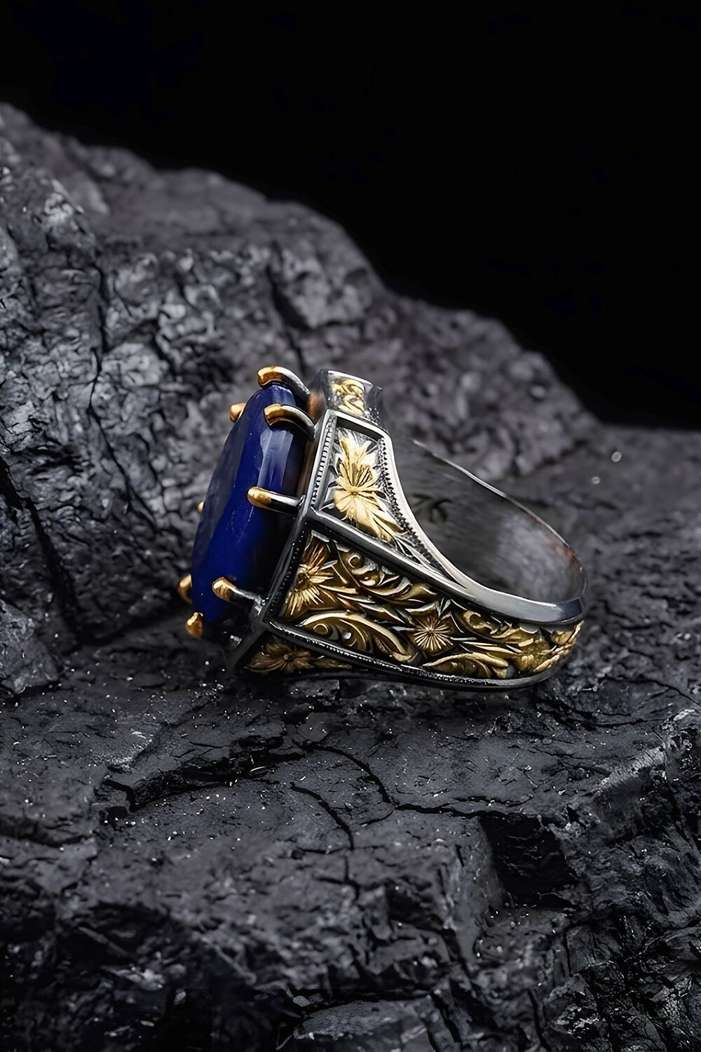 Siyah Rodaj ve Altın Kaplama Safir Zirkon Taşlı Gümüş Yüzük