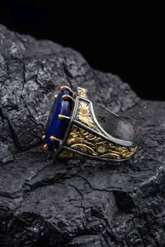 Siyah Rodaj ve Altın Kaplama Safir Zirkon Taşlı Gümüş Yüzük