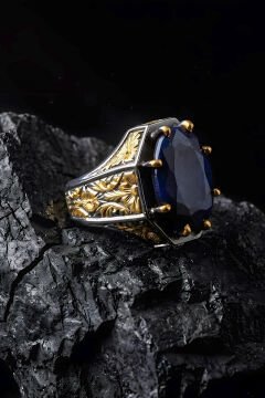 Siyah Rodaj ve Altın Kaplama Safir Zirkon Taşlı Gümüş Yüzük