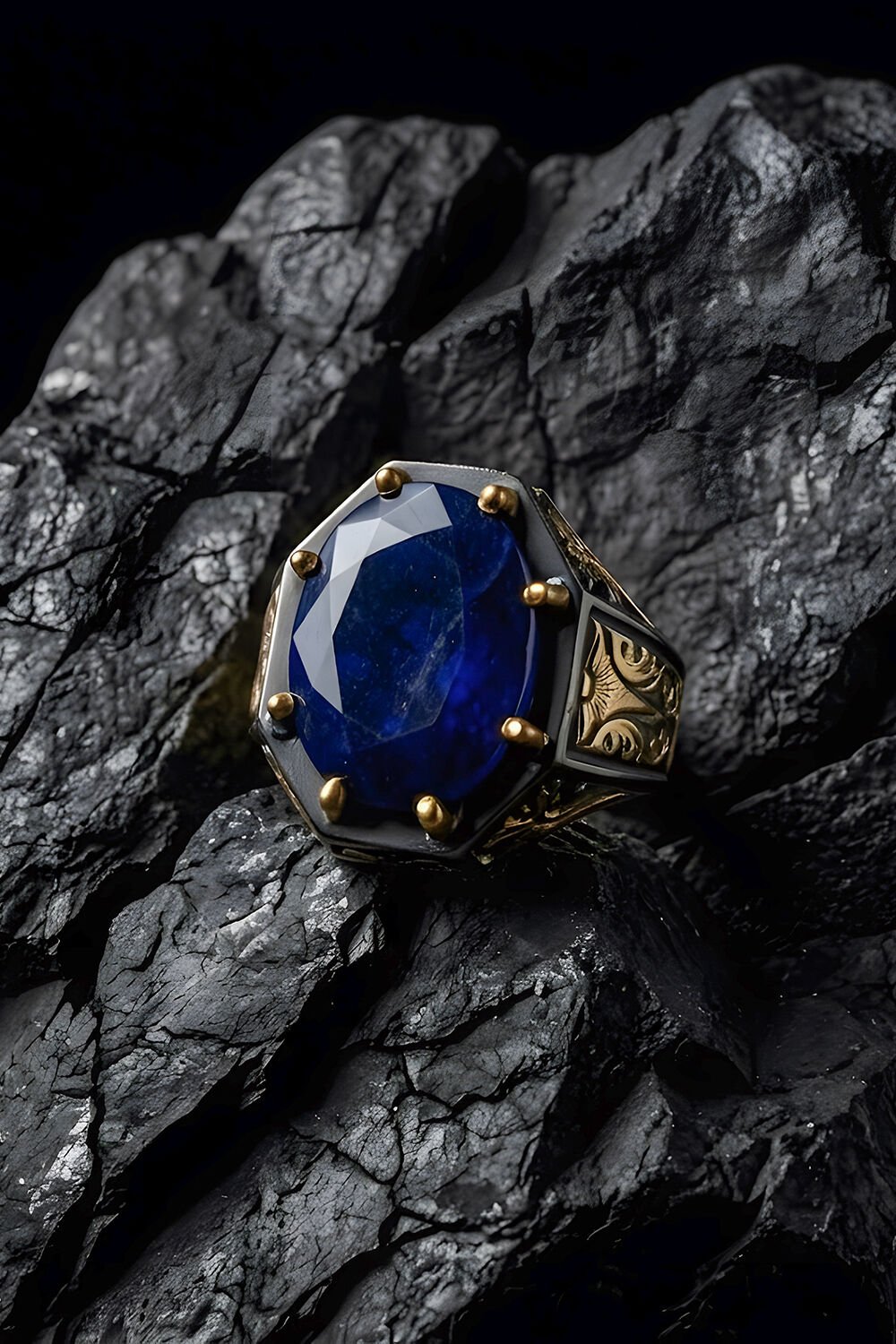 Siyah Rodaj ve Altın Kaplama Safir Zirkon Taşlı Gümüş Yüzük