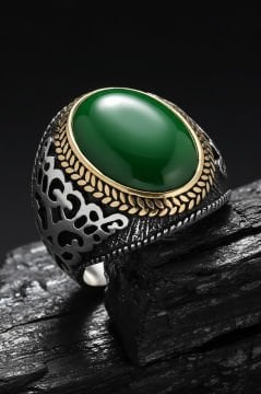 Yeşil Akik Taşlı Gümüş Erkek Yüzük