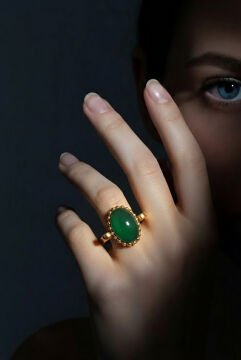 Sade Model Yeşil Akik Taşlı El İşi Gümüş Yüzük 19 - Altın Rengi