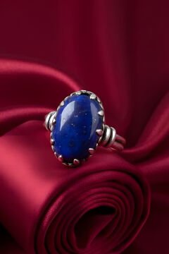 Çift Kol Model Lapis Lazuli Taşlı El İşi Yüzük 18 - Gümüş Rengi