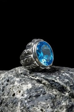 Erzurum Kalemkar Usta İşçiliği Yekta Model Mavi  Topaz Zirkon Taşlı Erkek Yüzük