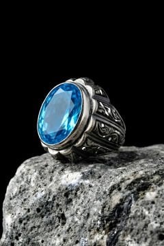 Erzurum Kalemkar Usta İşçiliği Yekta Model Mavi  Topaz Zirkon Taşlı Erkek Yüzük