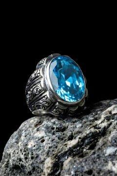 Erzurum Kalemkar Usta İşçiliği Yekta Model Mavi  Topaz Zirkon Taşlı Erkek Yüzük