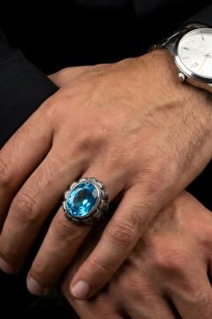 Erzurum Kalemkar Usta İşçiliği Yekta Model Mavi  Topaz Zirkon Taşlı Erkek Yüzük