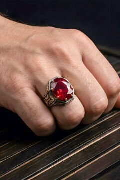 Siyah Rodaj ve Altın Kaplama Yakut Zirkon Taşlı Gümüş Yüzük