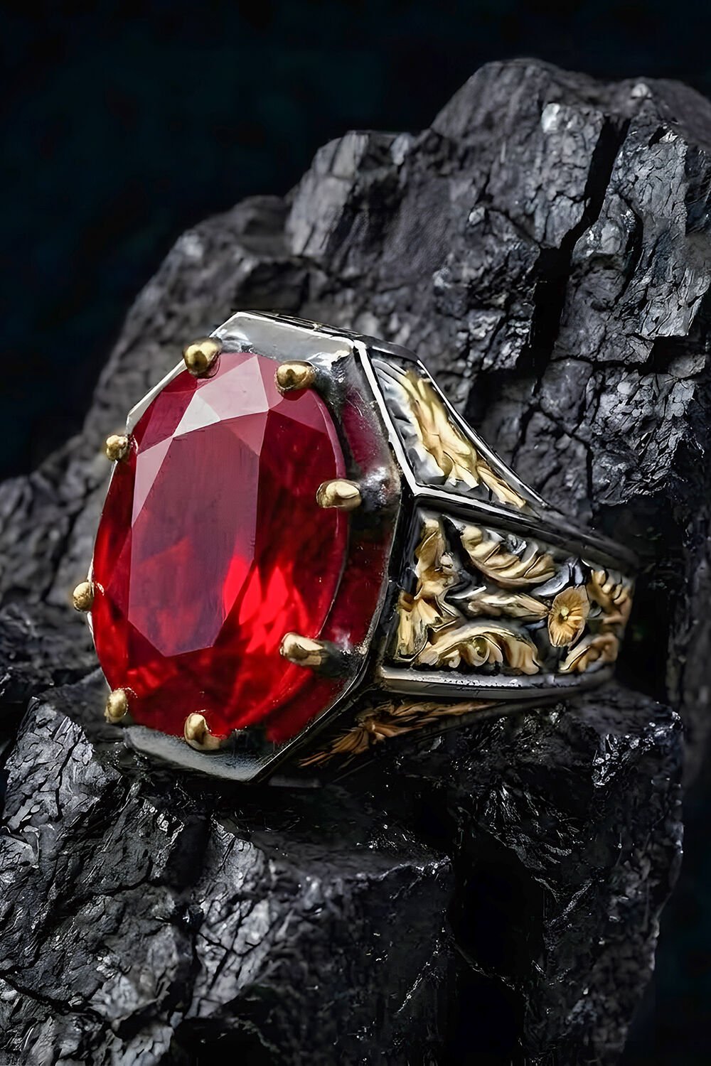 Siyah Rodaj ve Altın Kaplama Yakut Zirkon Taşlı Gümüş Yüzük