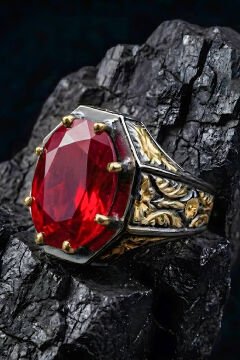 Siyah Rodaj ve Altın Kaplama Yakut Zirkon Taşlı Gümüş Yüzük