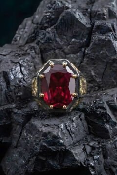 Siyah Rodaj ve Altın Kaplama Yakut Zirkon Taşlı Gümüş Yüzük