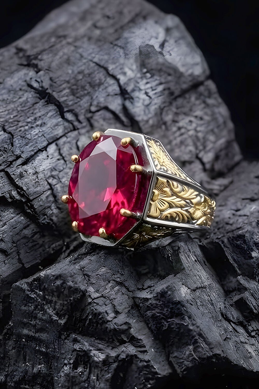 Siyah Rodaj ve Altın Kaplama Yakut Zirkon Taşlı Gümüş Yüzük