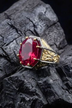 Siyah Rodaj ve Altın Kaplama Yakut Zirkon Taşlı Gümüş Yüzük