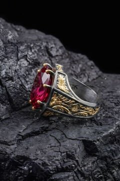 Siyah Rodaj ve Altın Kaplama Yakut Zirkon Taşlı Gümüş Yüzük