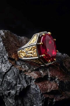 Siyah Rodaj ve Altın Kaplama Yakut Zirkon Taşlı Gümüş Yüzük