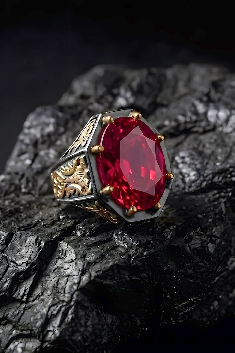 Siyah Rodaj ve Altın Kaplama Yakut Zirkon Taşlı Gümüş Yüzük