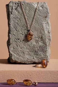 Damla Kehribar Taşlı Minimal Gümüş Takı Seti Rose Rengi - 15