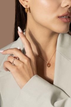 Damla Kehribar Taşlı Minimal Gümüş Takı Seti Rose Rengi - 15