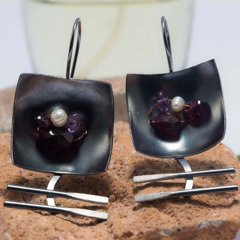 İnci Ve Ametist Taşlı Gümüş Küpe