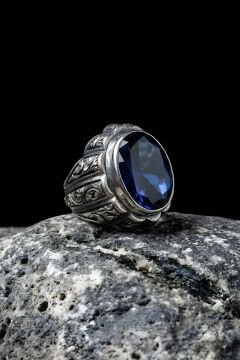 Erzurum Kalemkar Usta İşçiliği Yekta Model Safir Zirkon Taşlı Erkek Yüzük