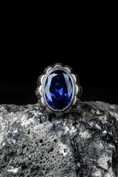 Erzurum Kalemkar Usta İşçiliği Yekta Model Safir Zirkon Taşlı Erkek Yüzük