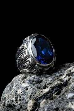 Erzurum Kalemkar Usta İşçiliği Yekta Model Safir Zirkon Taşlı Erkek Yüzük