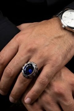 Erzurum Kalemkar Usta İşçiliği Yekta Model Safir Zirkon Taşlı Erkek Yüzük