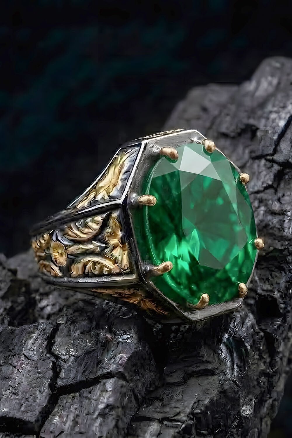 Siyah Rodaj ve Altın Kaplama Zümrüt Zirkon Taşlı Gümüş Yüzük