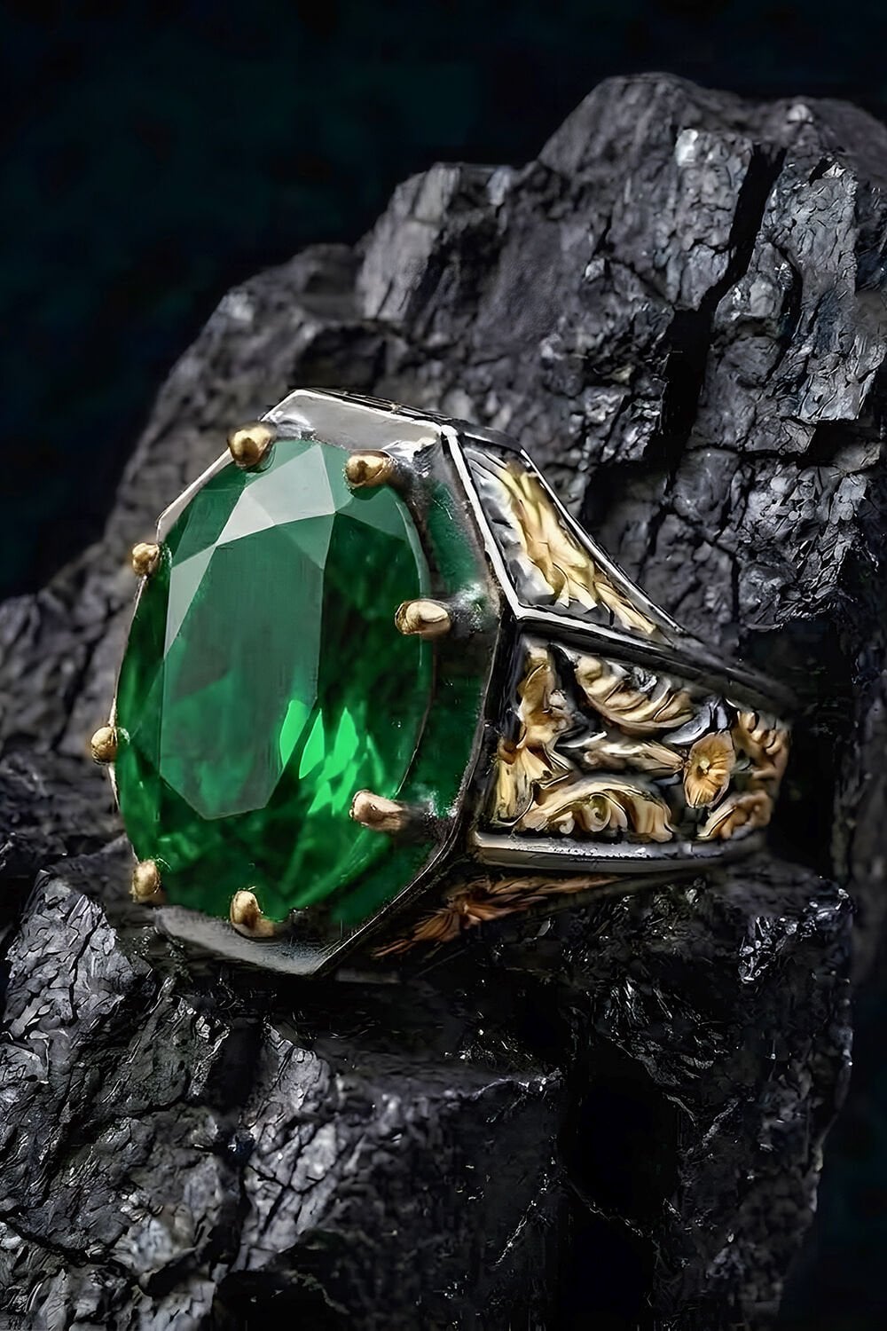 Siyah Rodaj ve Altın Kaplama Zümrüt Zirkon Taşlı Gümüş Yüzük