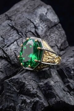 Siyah Rodaj ve Altın Kaplama Zümrüt Zirkon Taşlı Gümüş Yüzük