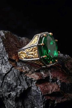 Siyah Rodaj ve Altın Kaplama Zümrüt Zirkon Taşlı Gümüş Yüzük