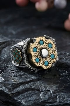 Stres Çarkı Rulet Model Turkuaz Zirkon Taşlı Erkek Yüzük