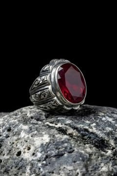 Erzurum Kalemkar Usta İşçiliği Yekta Model Yakut Zirkon Taşlı Erkek Yüzük