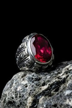 Erzurum Kalemkar Usta İşçiliği Yekta Model Yakut Zirkon Taşlı Erkek Yüzük