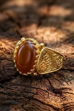 Altın Kaplama Akik Taşlı Gümüş Erkek Yüzük