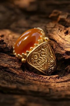 Altın Kaplama Akik Taşlı Gümüş Erkek Yüzük