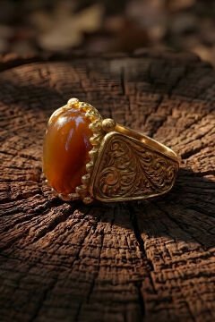 Altın Kaplama Akik Taşlı Gümüş Erkek Yüzük