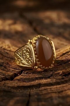 Altın Kaplama Akik Taşlı Gümüş Erkek Yüzük