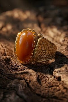 Altın Kaplama Akik Taşlı Gümüş Erkek Yüzük