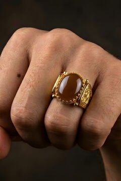 Altın Kaplama Akik Taşlı Gümüş Erkek Yüzük