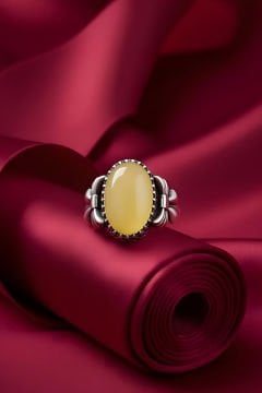 Kurdele Model Sarı Akik Taşlı El İşi Gümüş Yüzük