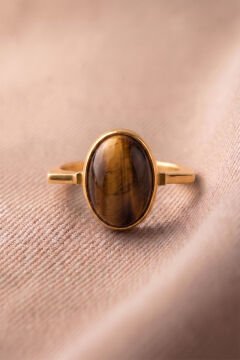Geometrik Tasarım Kaplangözü Taşlı Kadın Gümüş Yüzük 18 - Altın Rengi