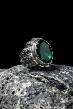 Erzurum Kalemkar Usta İşçiliği Yekta Model Zümrüt Zirkon Taşlı Erkek Yüzük